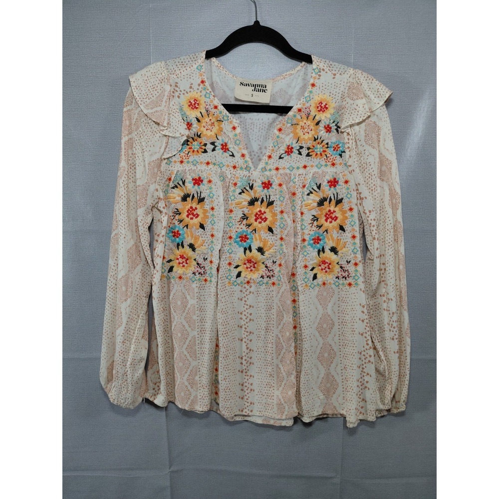 Savanna Jane Floral Embroidered Peasant Blouse Small Long Sleeve